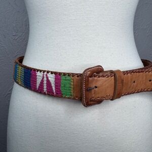 Vintage 32" leather belt, woven fabric wrapped handmade in Guatemala Boho